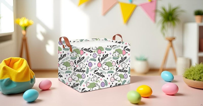 CLOCOR Rectangular Green Easter Gift Basket Empty,Waterproof Storage Basket with Handles,Room Decor(Rabbit Egg) - Image 2